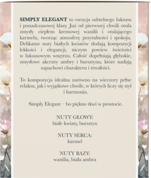 Opis perfum Simply Elegant na kartce, z nutami wanilii, karmelu, bursztynu, na tle białych kwiatów.