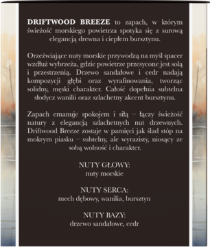 Ciemny panel z białym tekstem: opis zapachu Driftwood Breeze, nuty morskie, drzewne, waniliowe, bursztynowe.