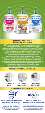 Trzy wkłady do automatycznego odświeżacza powietrza Air Wick, różne owocowe i kwiatowe zapachy, przód butelek.