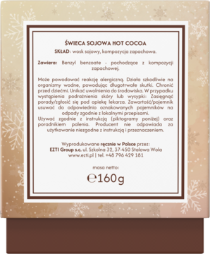 Tył opakowania świecy sojowej Hot Cocoa, z listą składników, ostrzeżeniami i wagą 160g, na tle w śnieżynki.