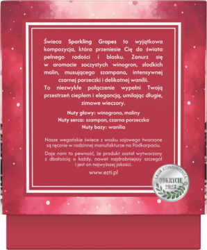 Czerwona ulotka świecy Sparkling Grapes z opisem zapachu: winogrona, maliny, szampan, wanilia. Widoczny Laur Klienta 2015.