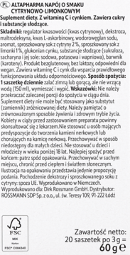 Tył opakowania suplementu diety Altapharma Cytrynowo-Limonkowego z witaminą C i cynkiem, z detalami o składzie i użyciu.