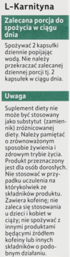Etykieta suplementu L-Karnityna z zielonymi nagłówkami, instrukcją dawkowania i ostrzeżeniami w języku polskim.