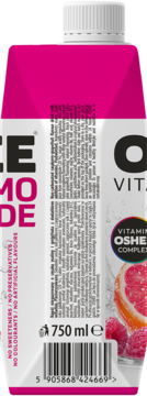 OSHEE VIT. napój malina-grejpfrut, 750ml, tył różowo-białego kartonu, bez słodzików i konserwantów.