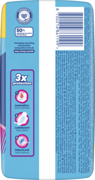 Tył niebiesko-białego opakowania Always Ultra Day Super ze skrzydełkami, z detalami 3x ochrony.