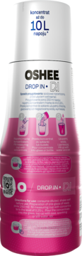 Tył biało-różowej butelki OSHEE DROP IN, koncentrat winogron i dragonfruit 10L, z instrukcjami.