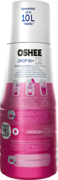 Tył butelki koncentratu OSHEE DROP IN 10L, czerwone winogrona/dragonfruit. Różowe tło, instrukcje i QR.