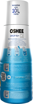 Biało-niebieski tył butelki koncentratu OSHEE DROP IN D! o smaku cytrynowo-pomarańczowym, z instrukcją użycia.