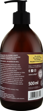 Tył ciemnobrązowej butelki żelu pod prysznic LaQ Zapach Seksu i Biznesu 500ml, z czarną pompką.