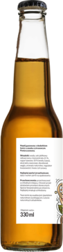 Tył brązowej szklanej butelki z napojem kawowo-cytrusowym 330ml, widoczna biała etykieta z tekstem.