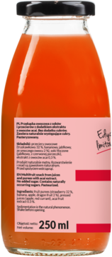 Pomarańczowa przekąska wieloowocowa w szklanej butelce, tył z opisem składników i pojemnością 250ml.