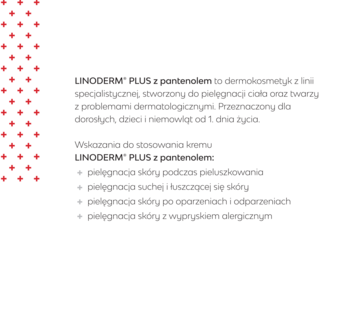 Tekst opisujący LINODERM PLUS z pantenolem, dermokosmetyk do skóry, na białym tle z czerwonymi punktami po lewej.