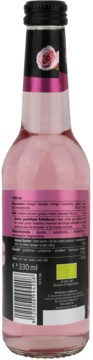Tył butelki różowego napoju organicznego 330 ml, z czarną etykietą, widocznym kodem kreskowym i różą.