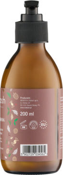 Brązowa butelka balsamu czekoladowo-malinowego z czarną pompką, widok z tyłu, etykieta, 200 ml i kod.