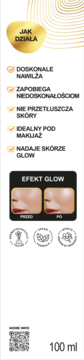 Grafika: Krem w piance 100ml. Jak działa: nawilża, zapobiega niedoskonałościom, nadaje skórze glow. Zdjęcie przed/po.