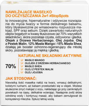 Tył opakowania nawilżającego masełka do oczyszczania 2w1 #StopSpots, z tekstem o składnikach, w tym 70% naturalnych.