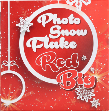 Czerwona grafika z białym kołem, napisem Photo Snow Flake Red Big, białymi płatkami śniegu i ozdobami świątecznymi.