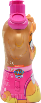 Żel do kąpieli dla dzieci Paw Patrol Skye, brązowa butelka z różową nakrętką i elementami stroju, tył.
