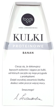 Foods by Ann Proteinowe Kulki Bananowe w białym opakowaniu, widok z przodu, z napisem KULKI PROTEINOWE BANAN.