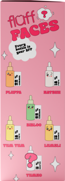 Różowe pudełko "fluff FACES" z ilustracją sześciu kolorowych butelek-kroplomierzy z twarzami; jedna to niespodzianka.
