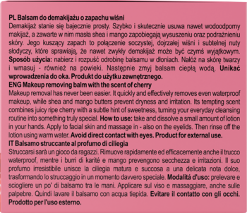 Różowa etykieta z opisem balsamu do demakijażu o zapachu wiśni w trzech językach, szczegóły produktu.