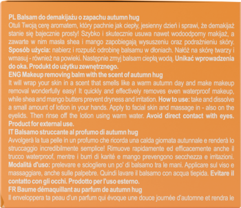 Opis balsamu do demakijażu 'autumn hug' z masłem shea i mango, tekst w 4 językach na pomarańczowym tle.