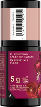 Hybrydowy lakier do paznokci Stars.space, 5g, kolor nude, widok tyłu z etykietą, kodem kreskowym i adresem.