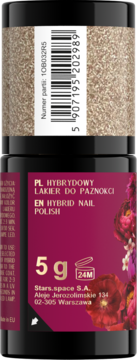 Złoty lakier hybrydowy Stars.space 5g z brokatem. Front czarnej butelki z bordową etykietą i kodem kreskowym.