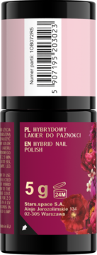 Tył ciemnoczerwonego lakieru hybrydowego Stars 5g z kodem kreskowym, napisem 'HYBRID NAIL POLISH' i danymi producenta.