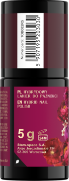 Tył ciemnobordowego lakieru hybrydowego Stars.space, z etykietą, kodem kreskowym i wagą 5g, widoczną częścią kwiatowego wzoru.