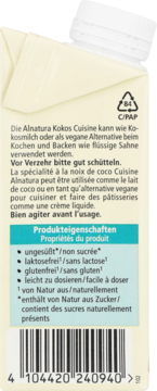 Tył opakowania Alnatura Kokos Cuisine, wegańskiej alternatywy śmietany, z listą właściwości bez laktozy i glutenu.