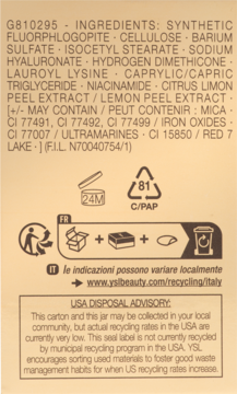 Tył opakowania pudru YSL All Hours Hyper Blur z listą składników, symbolami recyklingu i poradą utylizacyjną.