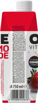 Tył kartonu Oshe Vitamin, 750 ml, czerwono-biały napój truskawkowy. Widoczne info o braku dodatków.