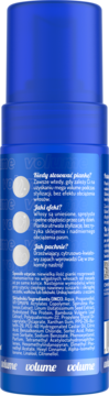 Tył niebieskiego opakowania pianki do włosów Volume, z białym tekstem o składzie i zastosowaniu produktu.