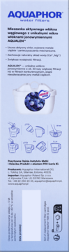 Pionowe opakowanie Aquaphor Maxfor+ Mg, wkład filtrujący wodę, z logo, AQUALEN i instrukcjami.