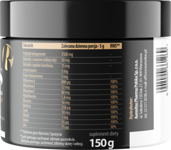 Rablis suplement z kolagenem i witaminami, czarny słoik, tył z etykietą składu 150g.