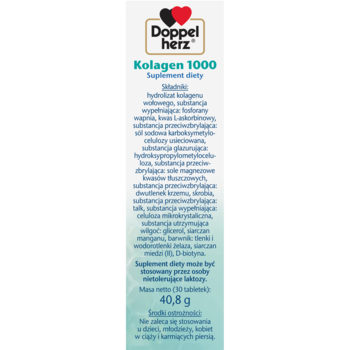 Białe opakowanie Doppelherz Kolagen 1000, widok boczny ze składnikami: kolagen, biotyna, wit. C, miedź, mangan.