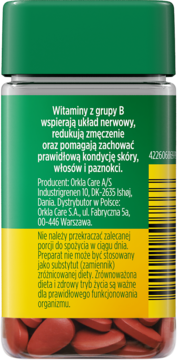MÖLLERS B-complex Forte, tył opakowania z zielono-żółtą etykietą i opisem działania witamin B.