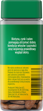 Tył zielonego opakowania Möllers Włosy, Skóra, Paznokcie, z polskim tekstem o biotynie, cynku i selenie.