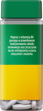 MÖLLERS Magnez + B6, boczny widok butelki z zielono-Źółtą etykietą; tekst o wsparciu nerwów i redukcji zmęczenia.