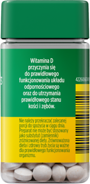 Tył opakowania MÖLLERS Witamina D3 4000 IU, zielono-żółta etykieta z polskim opisem korzyści i ostrzeżeń.