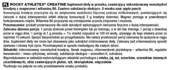 Olimp Rocky Athletes Creatine. Etykieta suplementu diety w proszku z kreatyną, magnezem i wit. B6, widok z przodu.