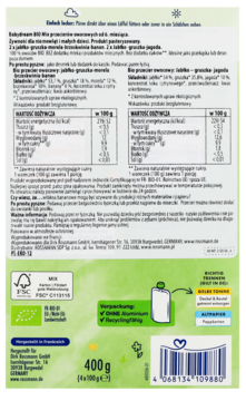 Zielony tył opakowania Babydream BIO Mix przecierów owocowych 400g, ze składem i BIO certyfikatami.