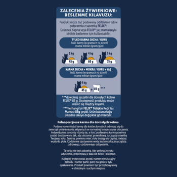 Tabela żywieniowa karmy Felix Doubly Delicious z dawkowaniem suchej i mokrej karmy dla kotów o różnej wadze.