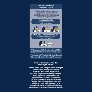 Grafika: Zalecenia karmienia karmą Felix Doubly Delicious dla kota, porcje i ilustracje, granatowe tło.