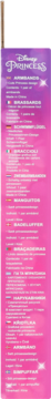 Side panel of a Disney Princess product box, showing multilingual description text against a pink-purple gradient.