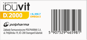 Ibuvit D:2000 + K₂ MK-7 Omega 3, suplement diety Polpharma, białe opakowanie, widok z przodu z kodem EAN.