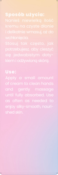 Etykieta kremu: instrukcje użycia w j. polskim i angielskim, biały tekst na pastelowym tle gradientu.