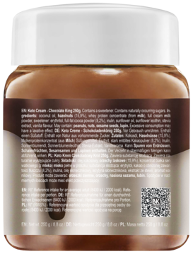 Tył słoika Keto Krem Czekoladowy Król, czekoladowego kremu do smarowania z etykietą składników.