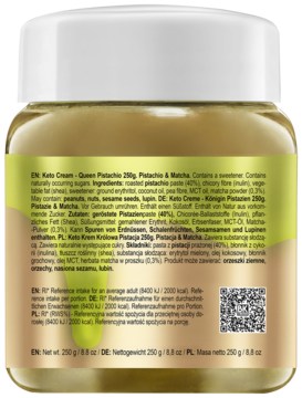 Tył słoika Keto Krem Królowa Pistacja & Matcha, zielona etykieta z listą składników i kodem QR.